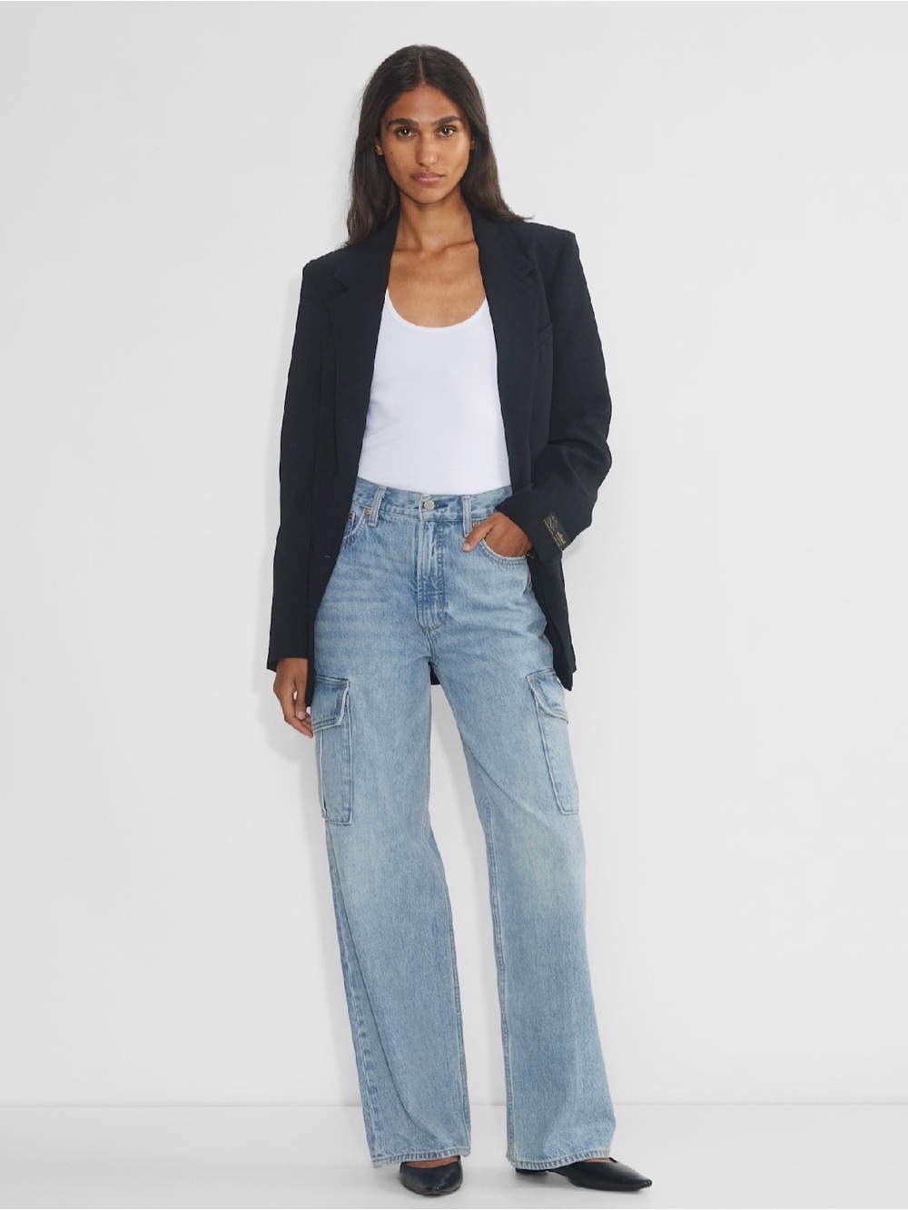 Denim Forum Light Blue Wide-Leg Cargo Jeans